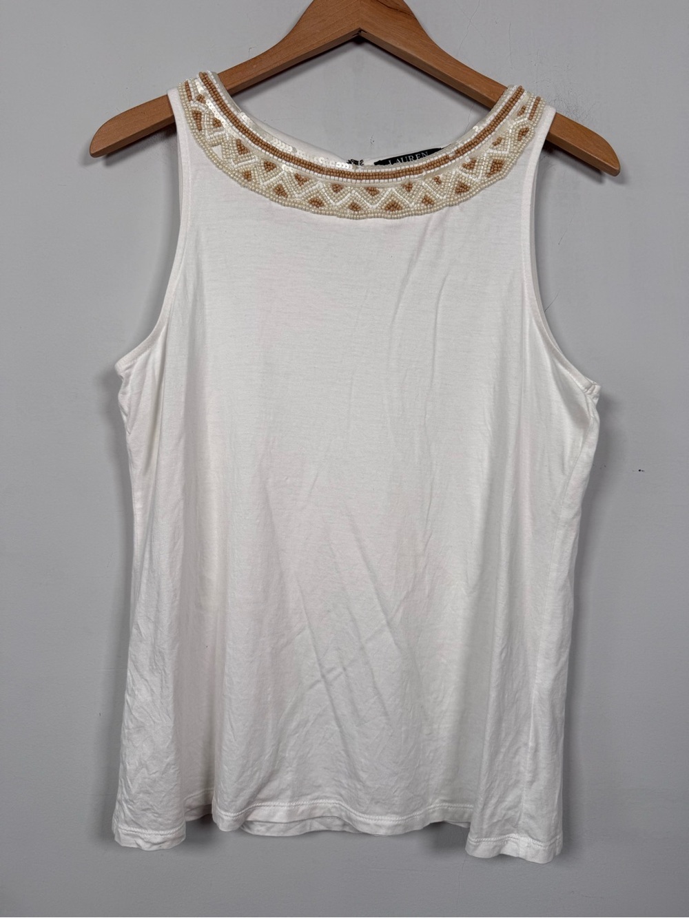 Lauren Ralph Lauren Beaded & Sequin Trim White Jersey Tank Top Size L